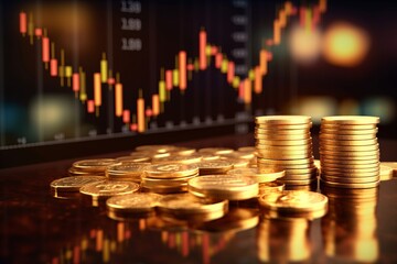 An illustration of a gold bar and gold coin resting on a graph of stocks and shares representing investment, Generative AI.