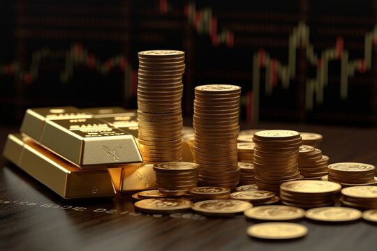 An illustration of a gold bar and gold coin resting on a graph of stocks and shares representing investment, Generative AI.