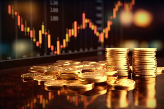 An illustration of a gold bar and gold coin resting on a graph of stocks and shares representing investment, Generative AI.