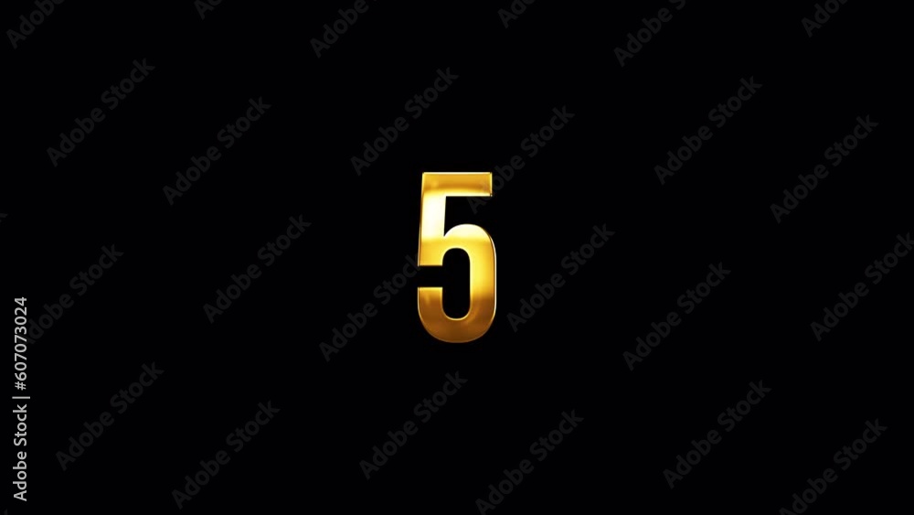 Poster loop number five golden shine light motion text with glitch effect animation on black abstract backg