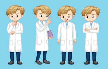Set of boy in science gown doing many actions