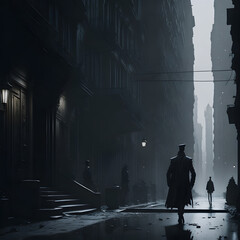 Embrace the dramatic interplay of light and shadow in an urban noir setting, where stark contrasts and gritty textures create a captivating atmosphere of mystery and intrigue. Generated AI.