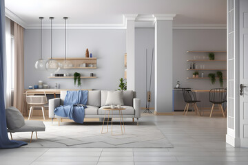 Fototapeta na wymiar https://t3.ftcdn.net/jpg/02/97/51/38/240_F_297513844_IEgkD9n8KohOY7ymxo0NwTRVXla1GUjO.jpg Interior design of modern scandinavian apartment, living room and dining room 3d rendering