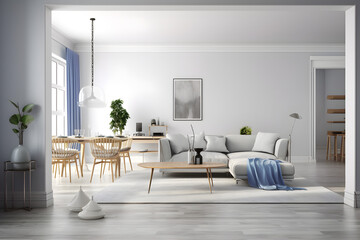 Naklejka na ściany i meble https://t3.ftcdn.net/jpg/02/97/51/38/240_F_297513844_IEgkD9n8KohOY7ymxo0NwTRVXla1GUjO.jpg Interior design of modern scandinavian apartment, living room and dining room 3d rendering