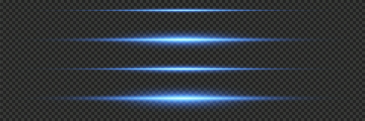 Blue neon stripes or light flash. Laser beams, horizontal beams. Beautiful light reflections. Glowing stripes on a transparent background.