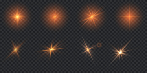 Shining golden stars isolated on transparent background. Effects, glare, lines, glitter, explosion, golden light. Vector illustration