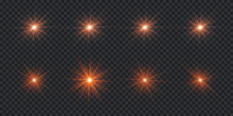 Shining golden stars isolated on transparent background. Effects, glare, lines, glitter, explosion, golden light. Vector illustration