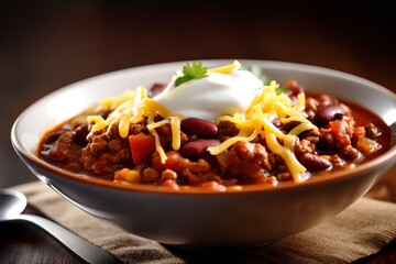 A hearty serving of beef chili, loaded with beans and vegetables, and topped with melted cheese and a dollop of sour cream. (Generative AI)