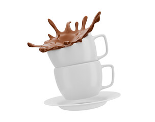 set-Mugs or white ceramic coffee cups stacked together Espresso Cappuccino Coffee Spread Breakfast Isolated On Background 3D Illustration-Clipping path