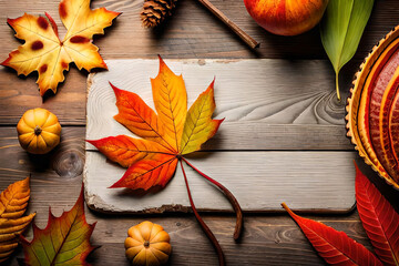 colorful autumn leaves against a rustic wooden background