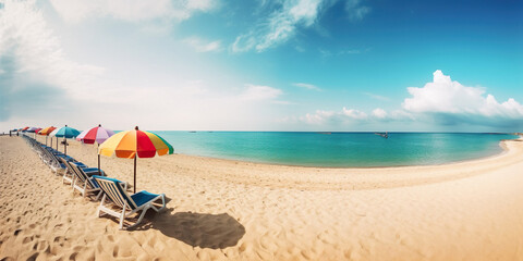 Beautiful beach banner. White sand, chairs and umbrella travel tourism wide panorama background concept. Amazing beach landscape. generative ai
