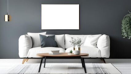 Vertical black picture frame mockup on a sage wall. Elegant living room view. White sofa with pillows and table. Nightstand with pine tree branches, vase, and cup of coffee - AI Generative