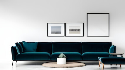 Three frames mockup in modern living room interior with green sofa - AI Generative