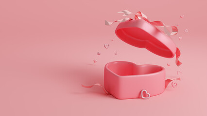 Open pink heart shape gift box with balloon hearts and confetti on pink background. Happy valentine's day, Wedding and Anniversary concept. 3D render.