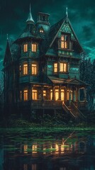 Scary mansion at night Generative AI