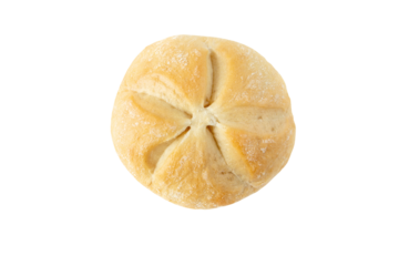 Kaiser bread roll with cuts radiating from the centre isolated transparent png top view. Wheat bun. Bakery food. Round bread loaf. 