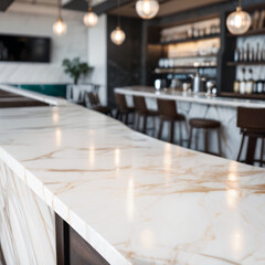 Selective focus, Empty of marble table top on blur restaurant, coffee shop, bar background. generative ai. - 607076685