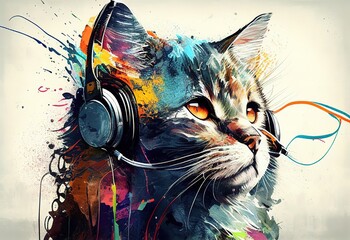 The concept of abstract painting. Colorful art of a cat wearing headphones illustration. Ai generative.