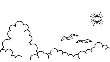 カモメの飛ぶ夏空のイラスト、夏のイメージの背景素材（モノクロ線画）
