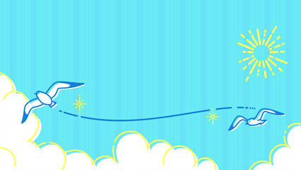 カモメの飛ぶ青空のイラスト、夏のイメージの背景素材