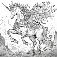 drawing of a children's coloring book of a unicorn, hyper detailed illustrations, high detail, black and white color, generative ai
