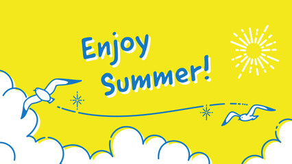 カモメの飛ぶ夏空のイラスト、夏のイメージの背景素材