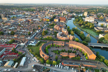 Beautiful Aerial Footage of Central Bedford City of England Great Britain of UK. The Downtown's Footage Was Captured with Drone's Camera from Medium Altitude from River Great Ouse on 28-May-2023.