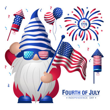 4th Of July USA American Flag Gnome With Sunglasses, fireworks and balloon vector 