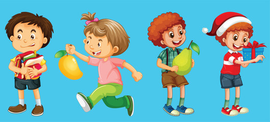 Set of different kid playing with their toys cartoon character isolated by the greatest graphics