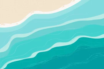 Crédence de cuisine en verre imprimé Corail vert Beach, sand, seashore with blue waves. Top view of the sea coast. Vector illustrations drawn by hand. The concept of travel