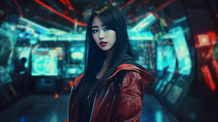 young adult asian woman in a casino with holographic holograms or control center or spaceship