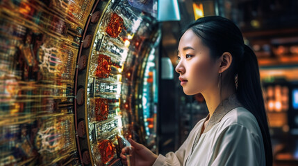 Fototapeta premium young adult asian woman, research and technology, abstract fictional scene, holographic displays