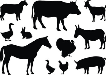 Farm animals silhouette set, vector illustrations isolated on white