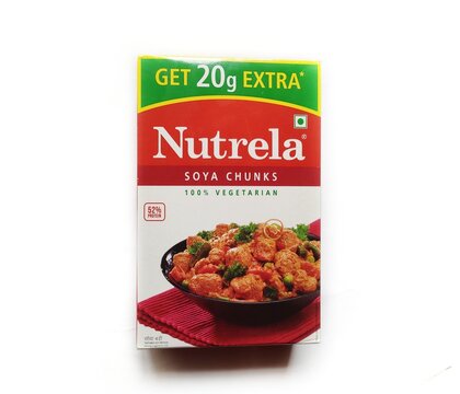 Guwahati, Assam / India - September 12, 2020 : Famous Indian soya chunk brand Nutrela. 