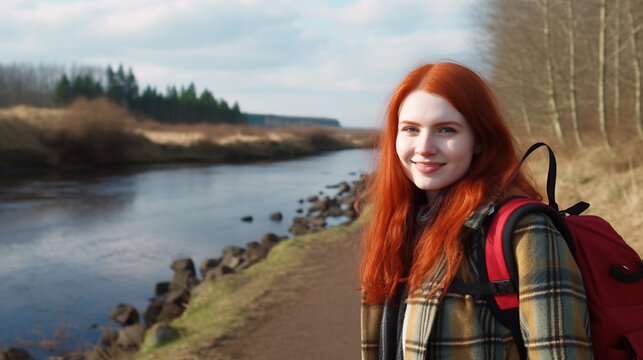 young adult woman hiking with backpack at an idyllic lake, water and nature, beautiful, red hair, caucasian,
