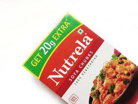 Guwahati, Assam / India - September 12, 2020 : Famous Indian soya chunk brand Nutrela.