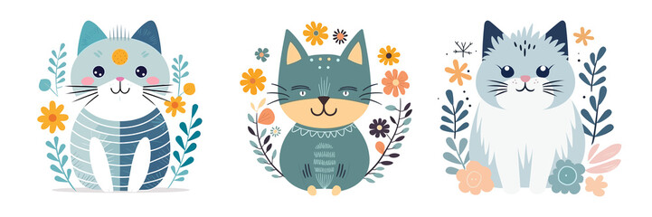 Cat illustration art clipart scandinavian style surrounded by branches and leaves set generative ai