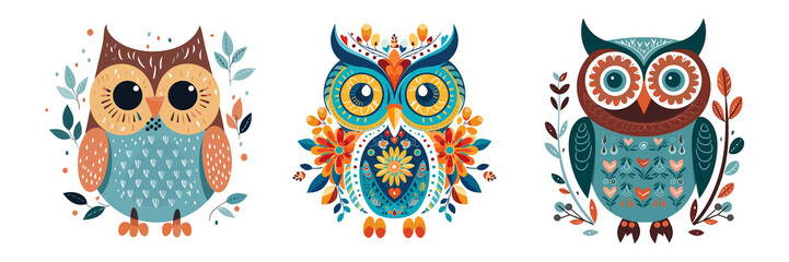Owl illustration art clipart scandinavian style surrounded by branches and leaves set generative ai