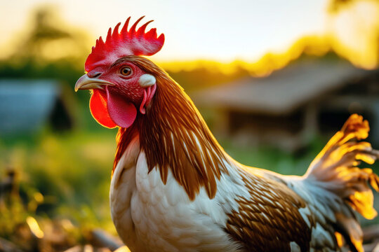 Rooster on a farm close-up at sunset or sunrise generative ai