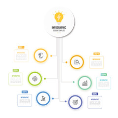 Circular mind map infographic template or element with 6 step, process, option, colorful circle, rectangle, label, icons, button, thin line, minimal, modern style for sale slide, flowchart, workflow