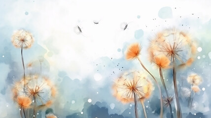 Obraz premium watercolor dandelions art light tones background wallpaper freedom of flight. Generative AI