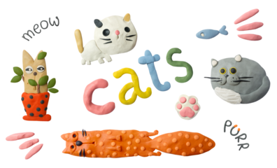 Handmade cartoon cats. Modeling clay pet set. Lettering cats, meow, purr.