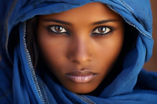 Portrait of Beautiful Young Woman with Hypnotizing Eyes in Traditional Blue Tuareg Scarf Generative AI