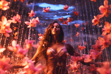 A woman is standing eyes-closed, surrounded by pink orchid flowers, in the style of dramatic lighting effects. Generative AI