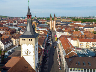 Obraz premium Wurzburg Historical Center Aerial Drone Photo. Old Main Bridge, Wurzburg Cathedral, Marktplatz and walking People