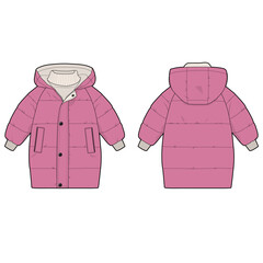 Winter puffer coat front view fashion flat sketch for Tech Pack. Jacket with hood and pockets on a zipper, CAD drawing, pink for girls, vector graphics for garment production apparel brand, for kids © Mariia