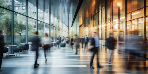 Long exposure banner of modern office lobby with business people. Generative AI