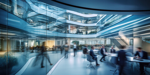 Long exposure banner of modern office lobby with business people. Generative AI
