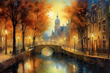 Watercolor painting of famous Amsterdam street in autumn. Generative AI - obrazy, fototapety, plakaty