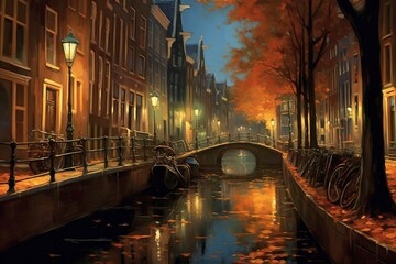 Watercolor painting of famous Amsterdam street in autumn. Generative AI